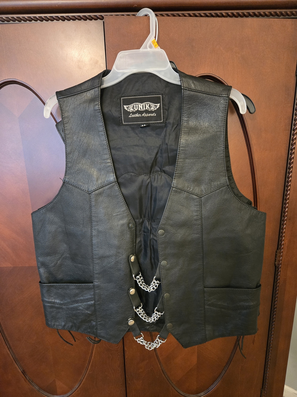 Unik Black Leather Chain-Front Men's Vest